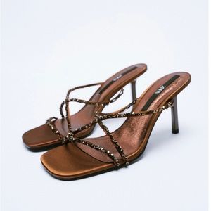 Zara Brown Rhinestone Heeled Sandals.